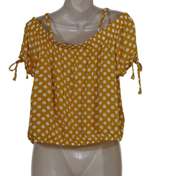 Almost Famous Yellow Gold Polka Dot Off-Shoulder Crop Top Blouse Women Size L - Picture 3 of 6